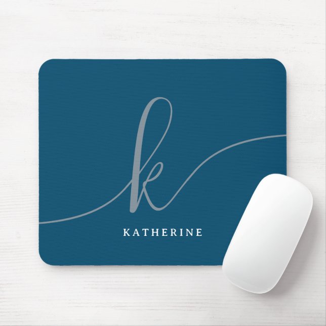  Stylish Script Monogram Navy Blue Mouse Mat (With Mouse)