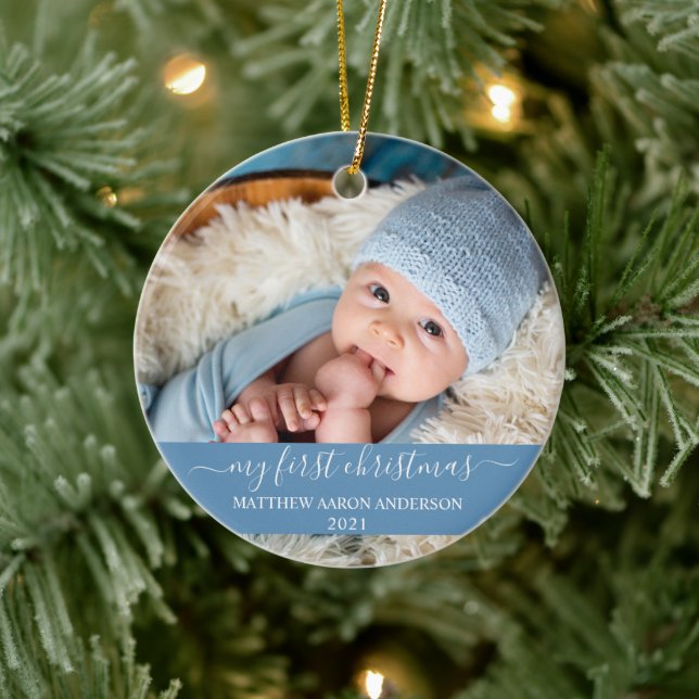 Stylish Script My First Christmas Baby Blue Ceramic Tree Decoration (Tree)