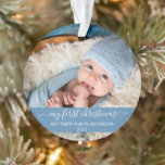 Stylish Script My First Christmas Baby Blue  Ornament<br><div class="desc">Elegant Stylish Trendy Script My First Christmas Baby Photo Light Blue Ornament with Snowflakes back</div>
