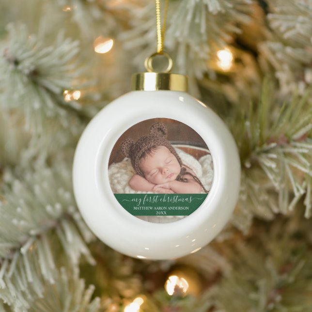 Stylish Script My First Christmas Baby Green Ceramic Ball Christmas Ornament (Tree)