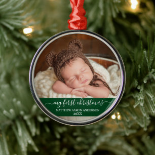 Stylish Script My First Christmas Baby Green Metal Tree Decoration