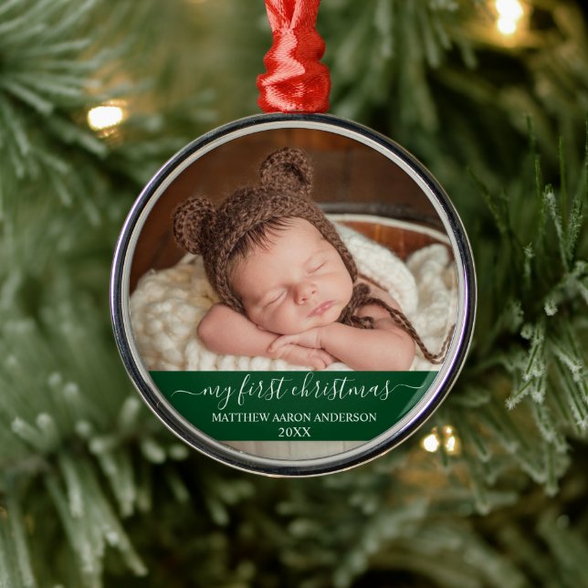 Stylish Script My First Christmas Baby Green Metal Tree Decoration (Tree)