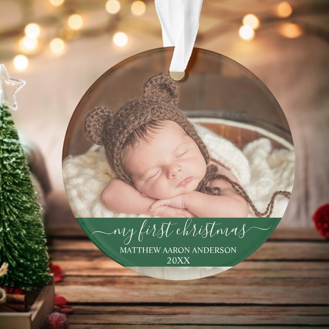 Stylish Script My First Christmas Baby Green Ornament (Customize to change text size or text style.)
