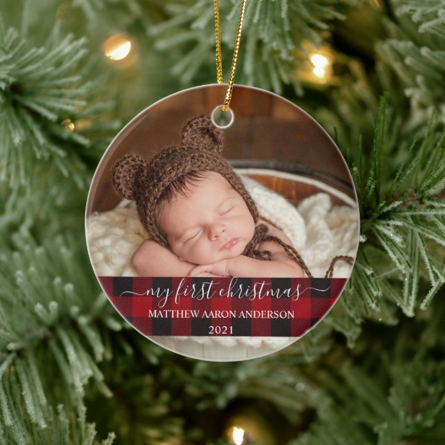 Stylish Script My First Christmas Baby Plaid Ceramic Tree Decoration (Tree)