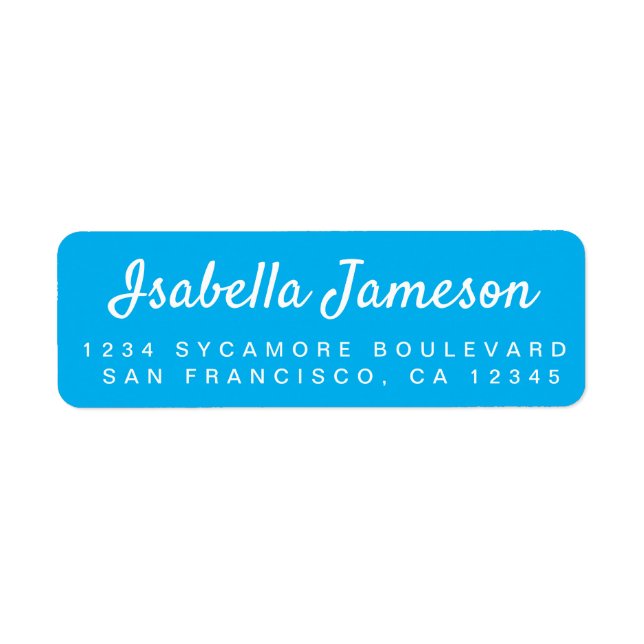 Stylish Script Name Bright Blue Return Address (Front)