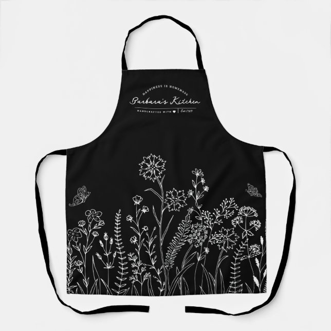 Stylish Script Name Pretty Floral Pattern Apron (Front)