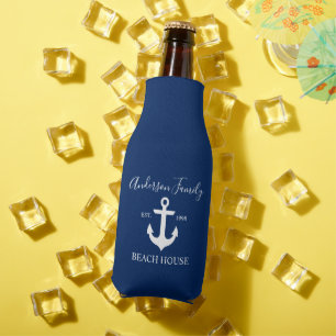 Stylish Script Nautical Anchor Beach House Blue Bottle Cooler