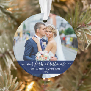 Stylish Script Our First Christmas Blue Ornament