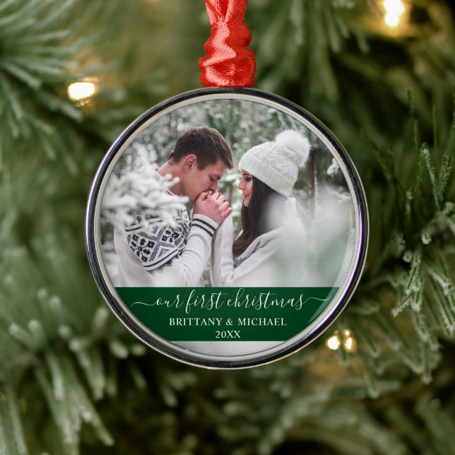Stylish Script Our First Christmas Couple Green Metal Tree Decoration (Tree)