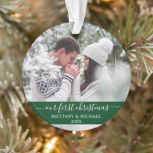 Stylish Script Our First Christmas Couple Green Ornament