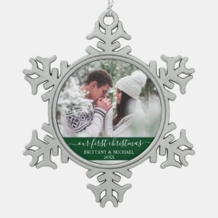 Stylish Script Our First Christmas Couple Green Snowflake Pewter Christmas Ornament