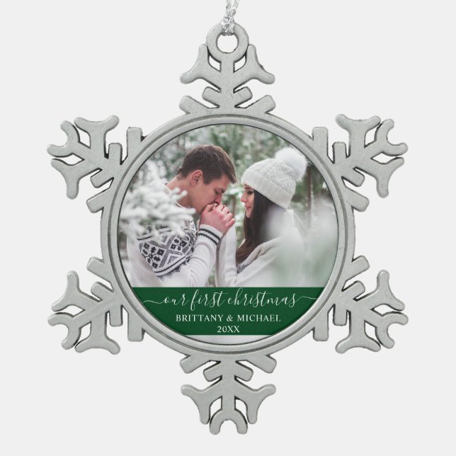 Stylish Script Our First Christmas Couple Green Snowflake Pewter Christmas Ornament (Front)