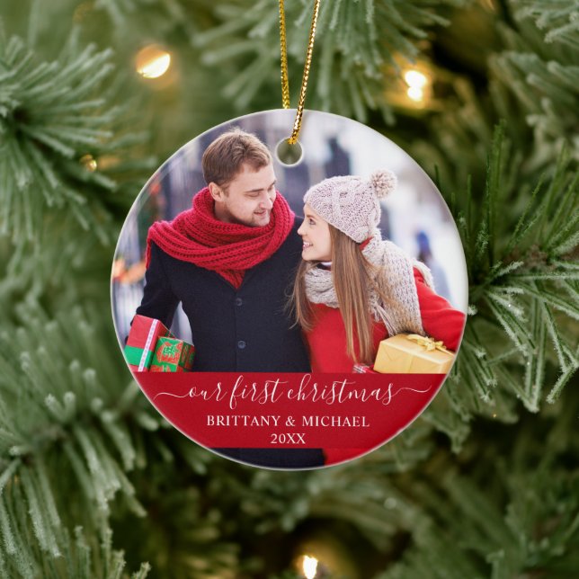 Stylish Script Our First Christmas Couple Red Ceramic Tree Decoration (Tree)