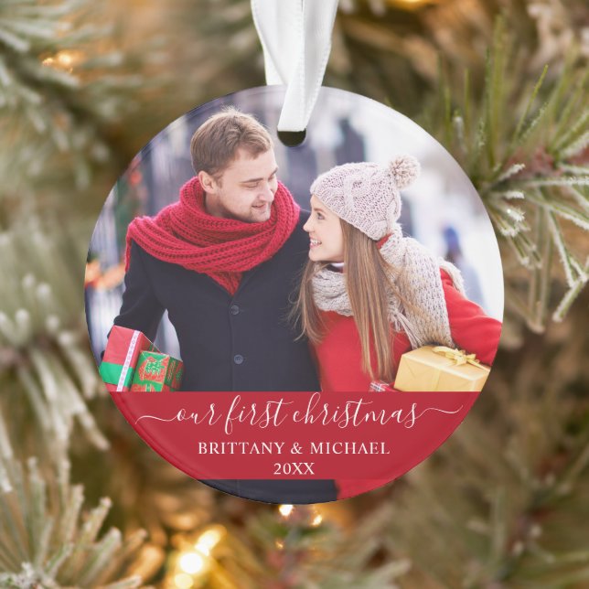 Stylish Script Our First Christmas Couple Red Ornament (Tree)