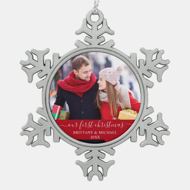 Stylish Script Our First Christmas Couple Red Snowflake Pewter Christmas Ornament (Front)