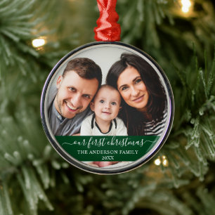 Stylish Script Our First Christmas Family Green Metal Tree Decoration