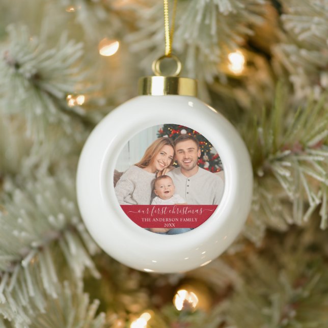 Stylish Script Our First Christmas Family Red Ceramic Ball Christmas Ornament (Tree)