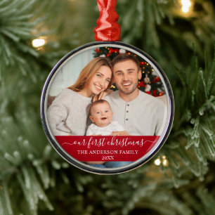 Stylish Script Our First Christmas Family Red Metal Tree Decoration