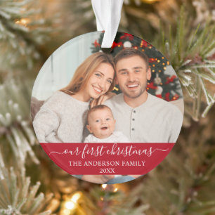Stylish Script Our First Christmas Family Red Ornament