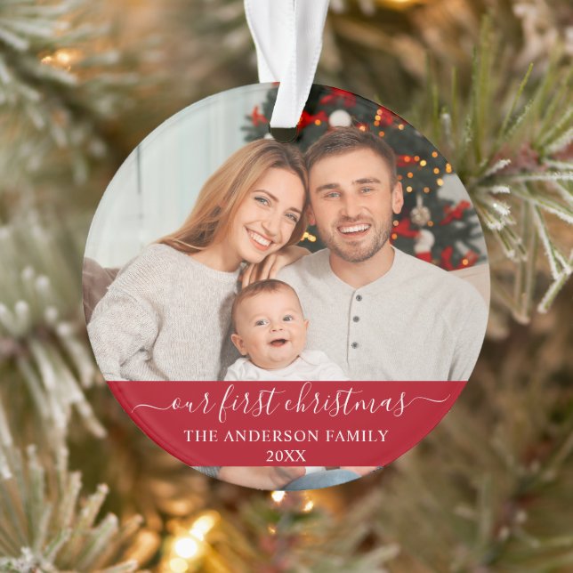 Stylish Script Our First Christmas Family Red Ornament (Tree)