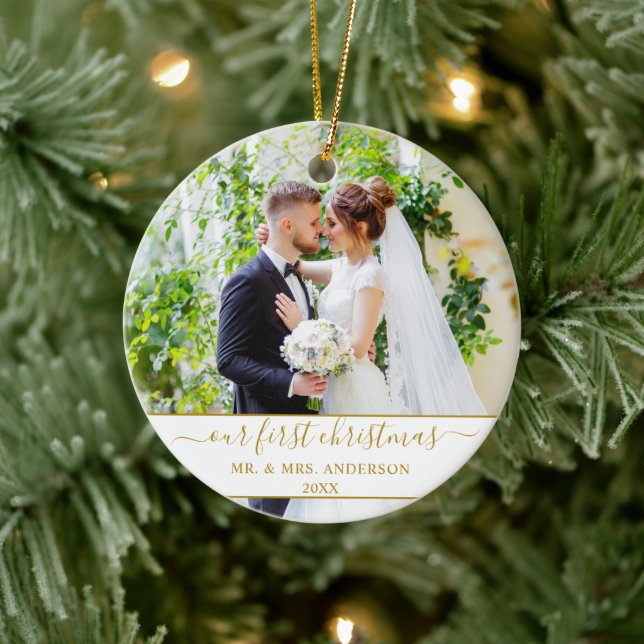 Stylish Script Our First Christmas Gold Ceramic Tree Decoration (Tree)