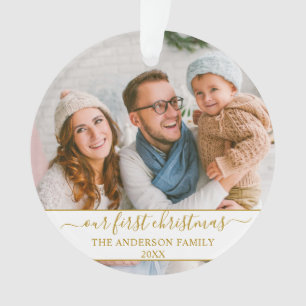 Stylish Script Our First Christmas Gold Family Ornament