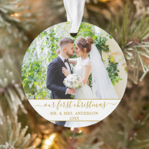 Stylish Script Our First Christmas Gold Ornament