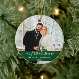 Stylish Script Our First Christmas Green Ceramic Tree Decoration