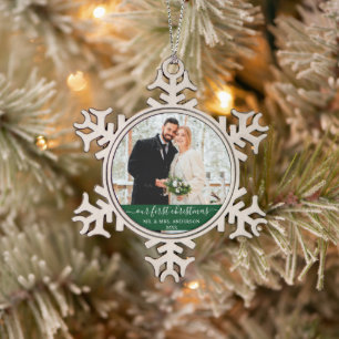 Stylish Script Our First Christmas Green Snowflake Pewter Christmas Ornament