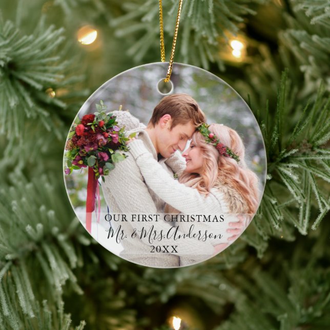 Stylish Script Our First Christmas Photo Names Ceramic Tree Decoration (Tree)