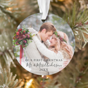 Stylish Script Our First Christmas Photo Names Ornament