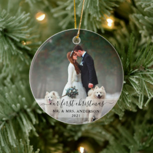 Stylish Script Our First Christmas Photo Wedding Ceramic Tree Decoration