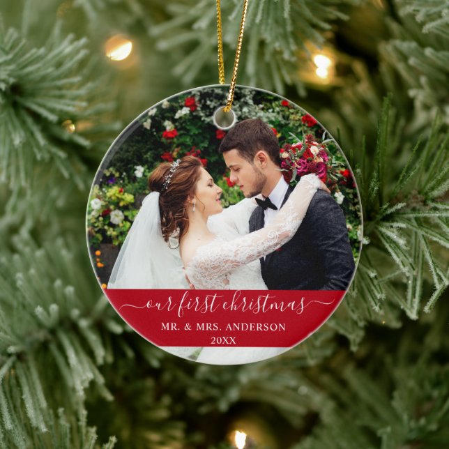 Stylish Script Our First Christmas Red Ceramic Tree Decoration (Tree)