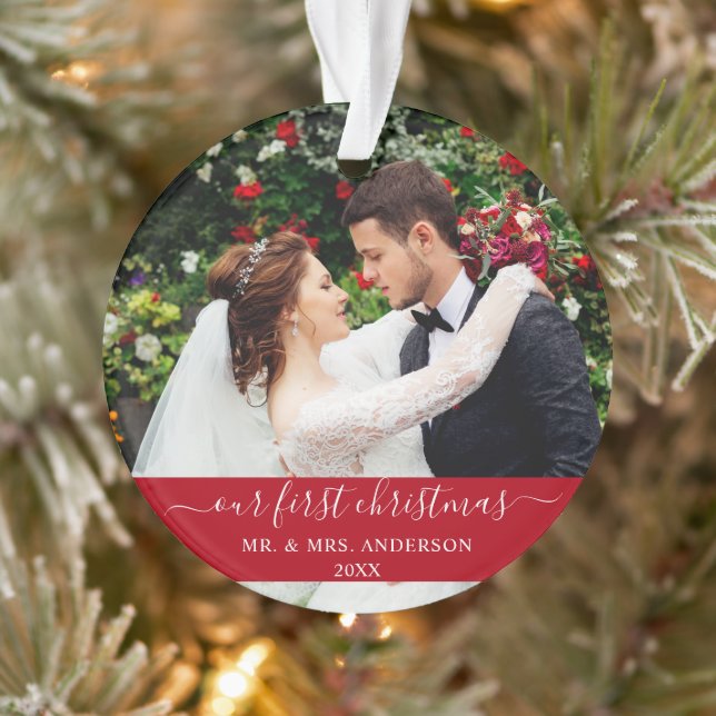 Stylish Script Our First Christmas Red Ornament (Tree)