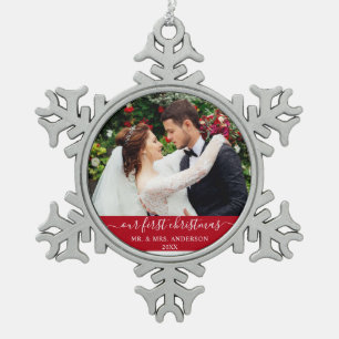 Stylish Script Our First Christmas Red Snowflake Pewter Christmas Ornament