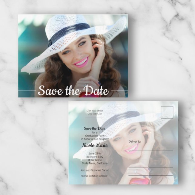 Stylish Script Photo Graduation Save the Date Postcard (Creator Uploaded)