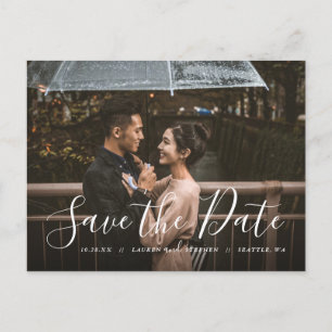 Stylish Script Photo Overlay Save the Date Announc Announcement Postcard