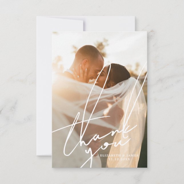 Stylish Script Photo Wedding Thank You Card (Front)