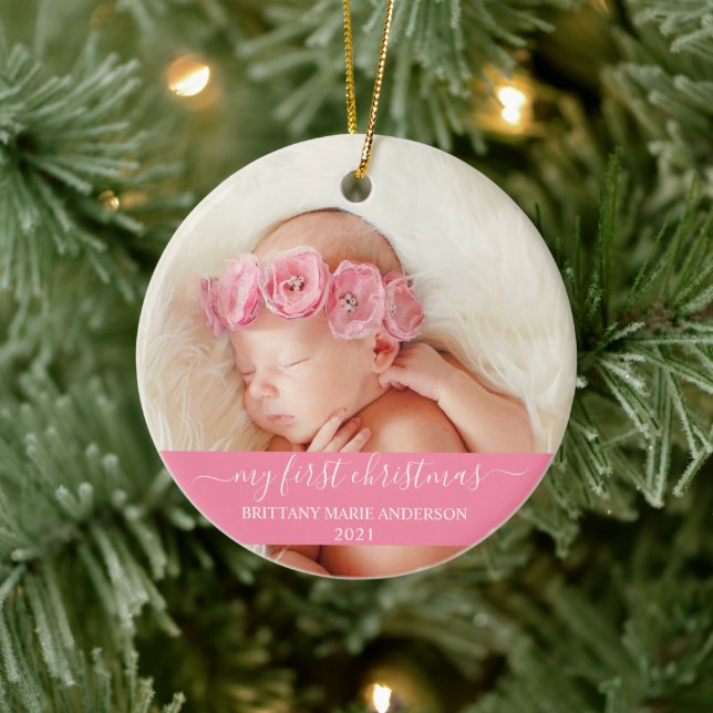 Stylish Script Pink My First Christmas Baby Ceramic Tree Decoration (Tree)
