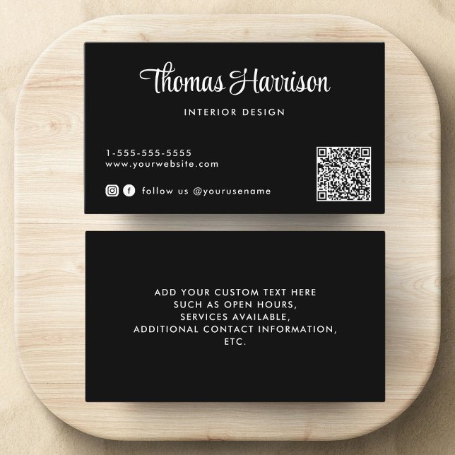 Stylish Script QR Code Black Business Card (Capture attention, make connections, and leave a lasting impression with our modern QR business card)
