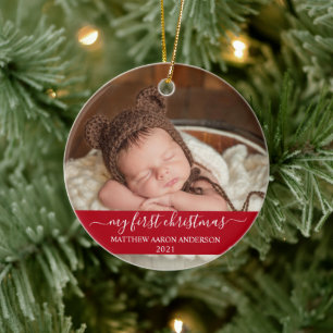 Stylish Script Red My First Christmas Baby Ceramic Tree Decoration