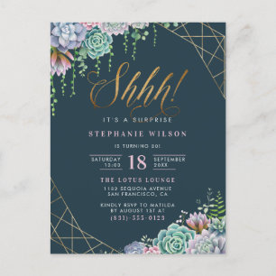 Stylish Script Succulents Surprise Birthday Party Invitation Postcard