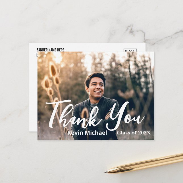 Stylish Script Thank You Graduation Postcard (Front/Back In Situ)
