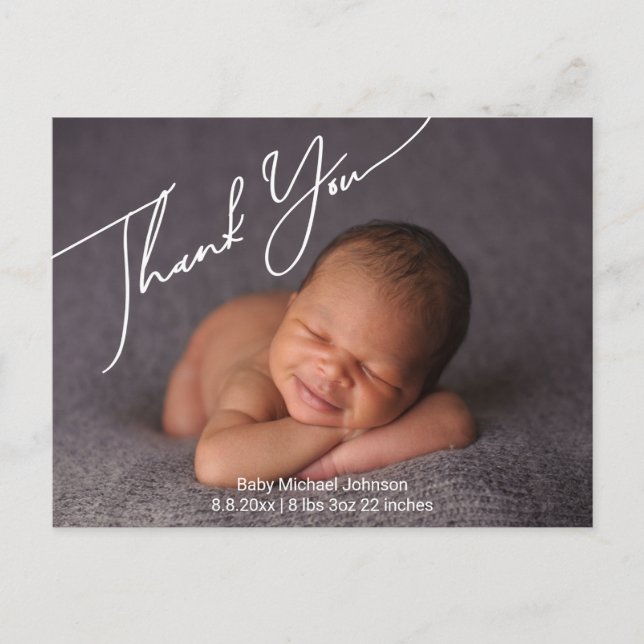 stylish script thank you newborn photo birth  announcement postcard (Front)