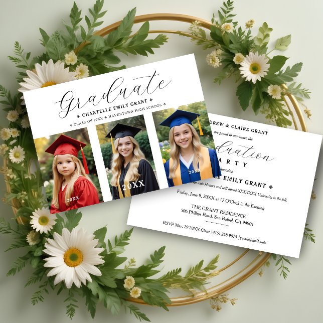 Stylish Script Typography 3 Photos Timeline Invitation (Stylish Script Typography Collage 3 Photos Timeline Graduation Invitation Card. )