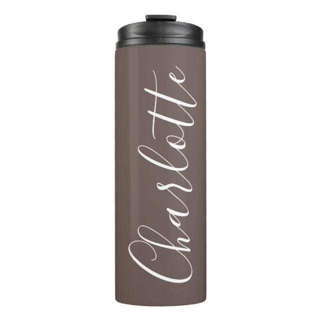 Stylish Script Typography Coffee Brown Custom Name Thermal Tumbler (Front)