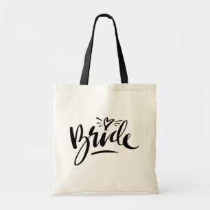 Stylish script typography wedding bride tote bags