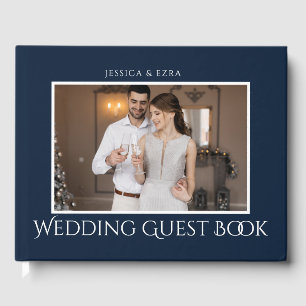 Stylish Script White and Blue   Photo Guest Book