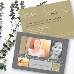 Stylish Scrolls 3 Photo Collage Graduation Party Invitation