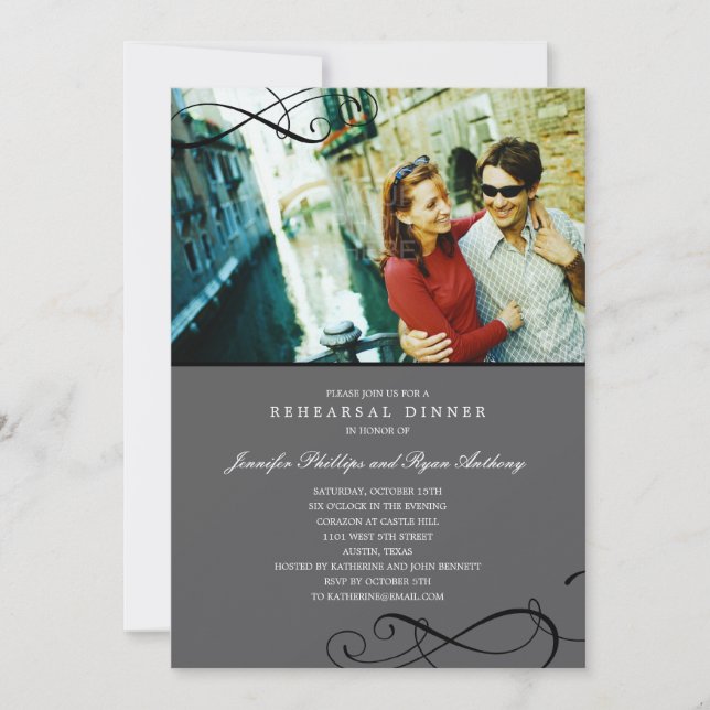 Stylish Scrolls Rehearsal Dinner or Wedding Shower Invitation (Front)